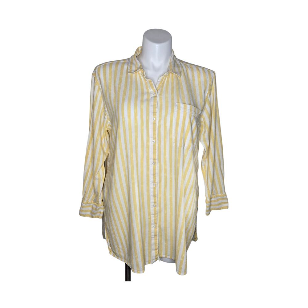 AERIE Oversized Striped Button Up Shirt White & Yellow Size Large